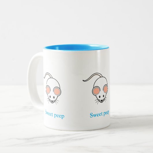 Tasse 2 Couleurs Souris blanc et calligraphie turquoise (Devant gauche)