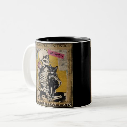 Tasse 2 Couleurs Squelette tenant un chat style affiche (Devant gauche)