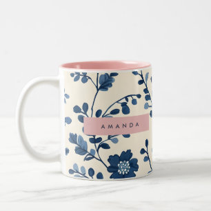 Tasse 2 Couleurs Style de Vigne Florale Bleue Personnalisé