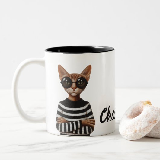 Tasse 2 Couleurs Stylish Cat With Round Glasses (Avec donut)