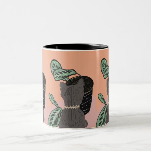 Tasse 2 Couleurs Tabby Cat Grey Plantes (Centre)