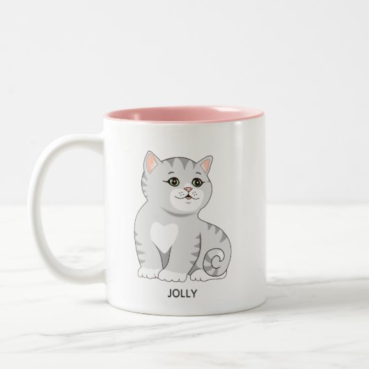 Tasse 2 Couleurs Tabby Kitty Cat gris argent et texte personnalisé  (Gauche)