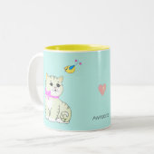 Tasse 2 Couleurs Tabby Kitty Chat et Little Bird sur bleu clair (Devant gauche)