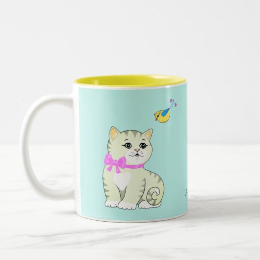 Tasse 2 Couleurs Tabby Kitty Chat et Little Bird sur bleu clair (Gauche)