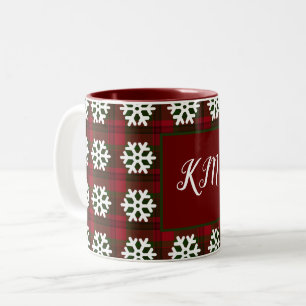 Tasse 2 Couleurs Tartan de Noël Monogramme Flocon de neige rouge ve