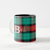 Tasse 2 Couleurs Tartan vert et rouge À damiers Nom du monogramme (Devant gauche)