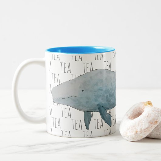 Tasse 2 Couleurs Tea Marine Mammal Aquarelle Baleine Bleue (Avec donut)
