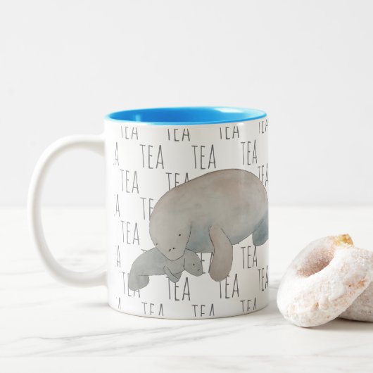 Tasse 2 Couleurs Tea Marine Mammal Aquarelle Mère Bébé Manat (Avec donut)