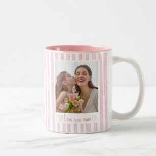 Tasse 2 Couleurs Texte personnalisé Photo Rayures roses Coquette