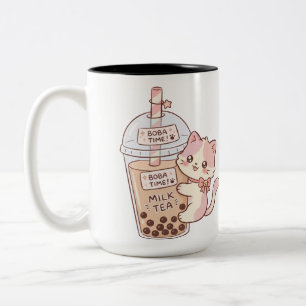 Tasse 2 Couleurs Thé au Lait Bulles avec un Câlin de Chat Kawaii