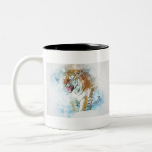Tasse 2 Couleurs Tiger Roar Animal Art Abstrait Aquarelle Vintage.