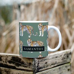 Tasse 2 Couleurs Tigres d'aquarelle verte tropicale Motif avec nom