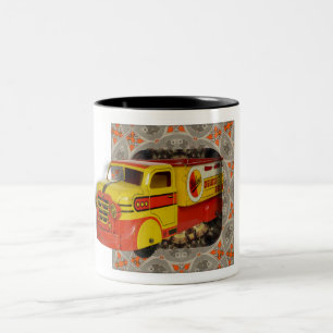TASSE 2 COULEURS TIN TRUCK TOY 1950 SUR ARRIÈRE - PLAN ÉLABORÉ