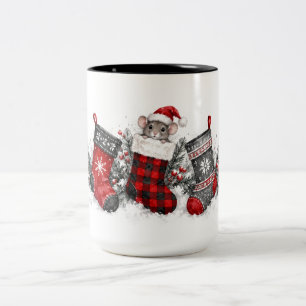 Tasse 2 Couleurs Titre : Souris de Noël dans une chaussette carreau