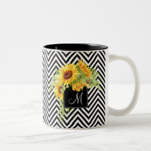 Tasse 2 Couleurs Tournesols et rayures Chevron avec Monogramme