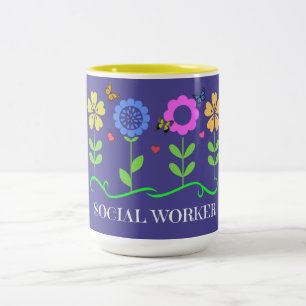Tasse 2 Couleurs "Travailleur social", Fleurs de printemps graphiqu