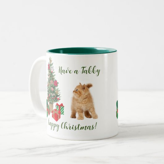 Tasse 2 Couleurs Tree Tabby Chat Joyeux Noël (Devant gauche)