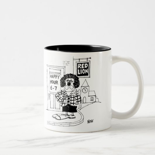 Tasse 2 Couleurs Triste clown devant un pub en attendant une bonne  (Droit)