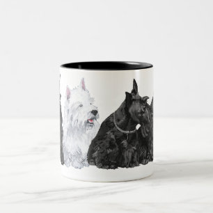 Tasse 2 Couleurs Trois Scotties curieux et un Westie