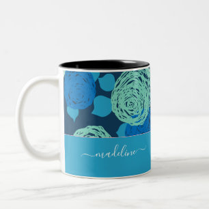 Tasse 2 Couleurs Turquoise Aqua Blue Roses Monogramme Nom personnal