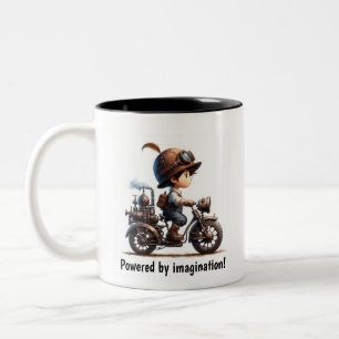 Tasse 2 Couleurs Un jeune enfant heureux à bord d'une moto Steampun