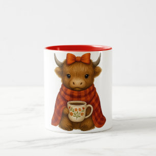 Tasse 2 Couleurs Vache des Highlands dans une couverture buvant du 