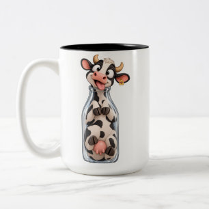 Tasse 2 Couleurs Vache drôle coincée dans une bouteille de lait