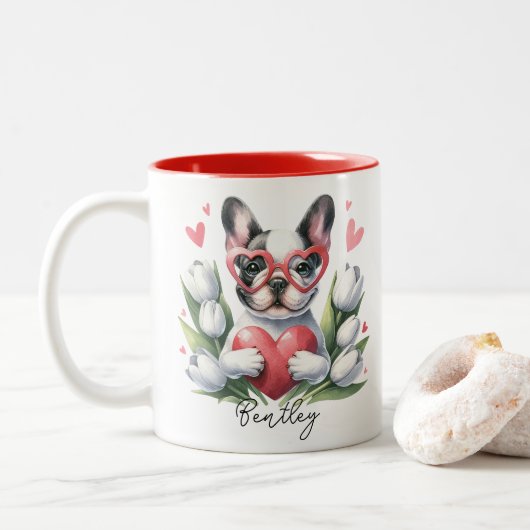 Tasse 2 Couleurs Valentines Jour Frenchie Chien Nom Personnalisé (Avec donut)