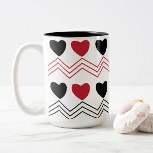 Tasse 2 Couleurs Valentines Jour Noir Coeurs rouges Chevron Stripe