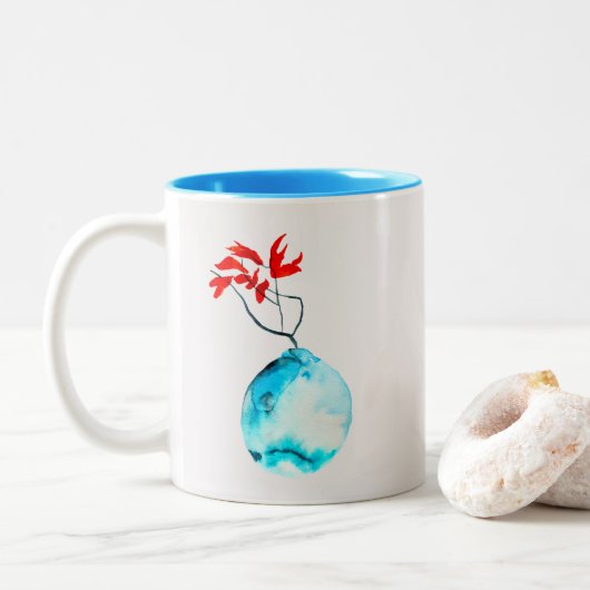 Tasse 2 Couleurs Vase bleu Ikebana aquarelle (Avec donut)