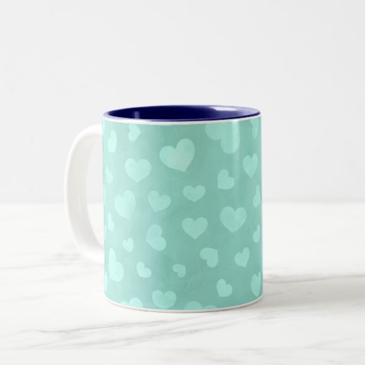Tasse 2 Couleurs Vert aux coeurs blancs et bleu intérieur (Devant gauche)