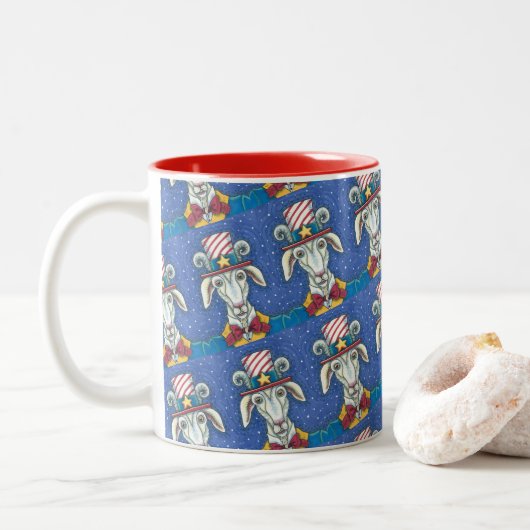 TASSE 2 COULEURS VIEUX ONCLE DE CHÈVRE SAM, FUNNY FARM PATRIOTIC BI (Avec donut)