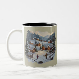 Tasse 2 Couleurs Village d'hiver de Noël rétro Montagnes Arbres 90