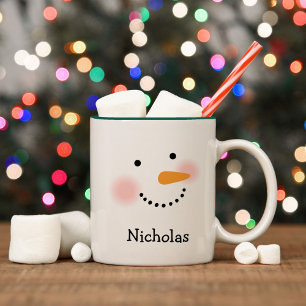 Tasse 2 Couleurs Visage de Bonhomme de Neige Heureux Vert Nom Perso