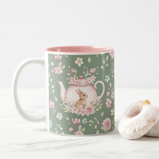 Tasse 2 Couleurs Whimsical Bunny Teapot Floral Spring  (Avec donut)