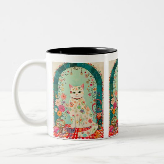 Tasse 2 Couleurs Whimsical Floral Meadow Cat Art (Gauche)