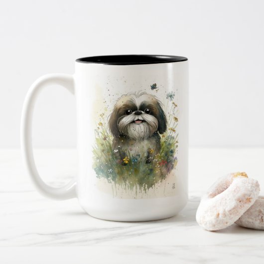 Tasse 2 Couleurs Whimsical Shih Tzu Watercolor (Avec donut)