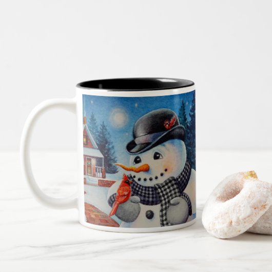 Tasse 2 Couleurs Winter Snowman & Red Cardinal Bird Aquarelle Art (Avec donut)