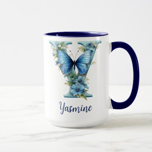 Tasse à café à monogramme bleu floral 15 oz (Droite)
