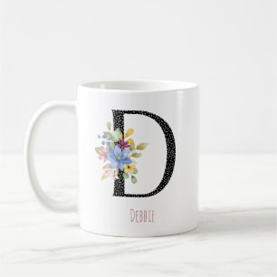 Tasse à café à monogramme D floral noir à pois