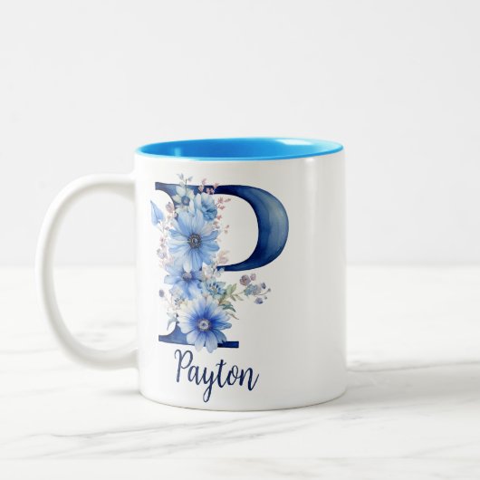 Tasse à café à monogramme fleuri bleu de 11 oz (Gauche)