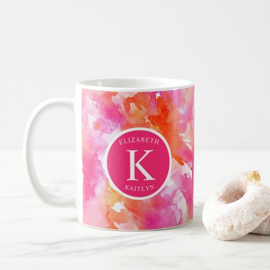 Tasse à café aquarelle rose orange abstraite Monog (Avec donut)