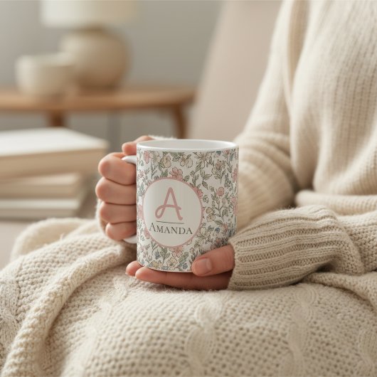 Tasse à café avec initiale de nom et fleurs pastel