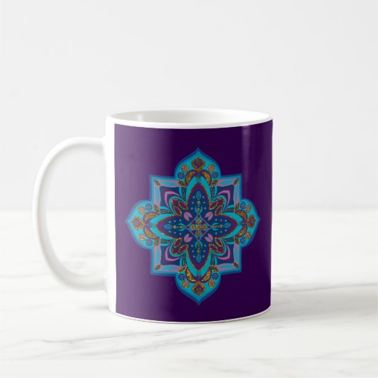 Tasse à café avec mandala bleu, fond violet (Gauche)