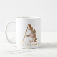 Tasse à café avec monogramme en lettre A dorée flo