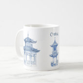 Tasse à café bleu et blanc Pagode Chinoiserie (Devant gauche)
