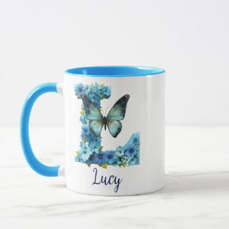 Tasse à café bleu floral monogrammé 11 oz