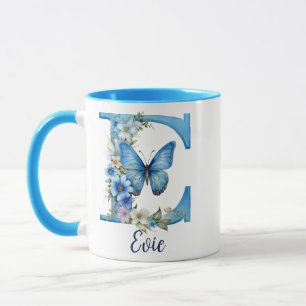 Tasse à café bleu floral monogrammé 11 oz