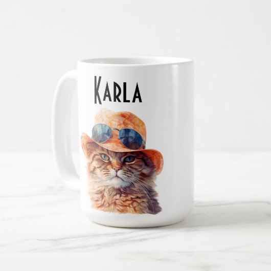 Tasse a café chat roux avec chapeau et lunette. (Devant gauche)