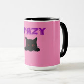 Tasse à café 'CRAZY CAT' en noir et rose. (Devant droit)